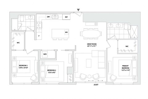 Floor plan for 3 beds, 2 baths, 1488 sqft